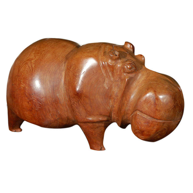C. 1980 Hand Carved Solid Wood Hippo