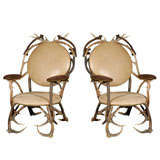 Vintage Pair of Horn Chairs with Leather and Suede