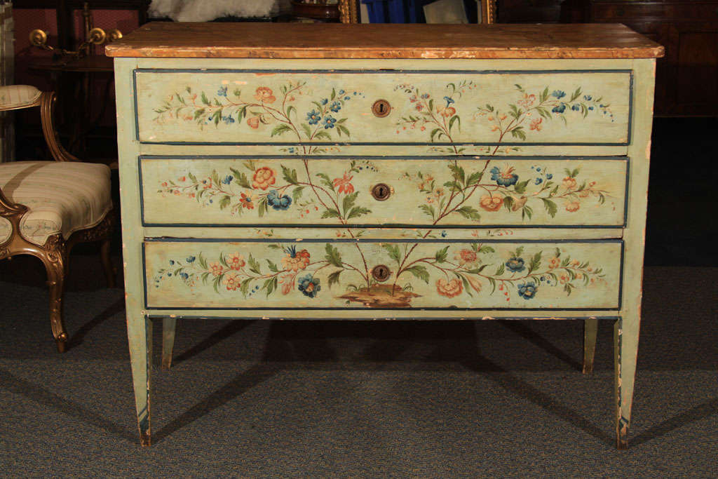 A fine mid 18th century Venetian three drawer painted commode in totally original condition with fuax marble top