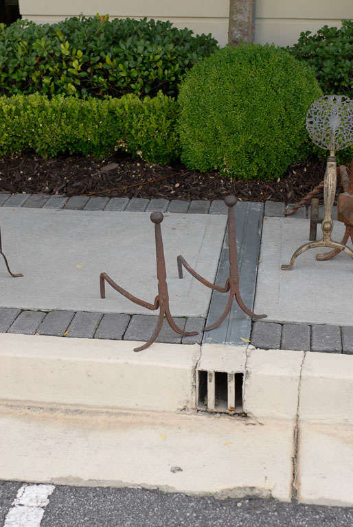 Pair Of Small Hand-forged Curved Andirons, Ball Finial