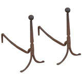 Pair Of Small Hand-forged Curved Andirons, Ball Finial