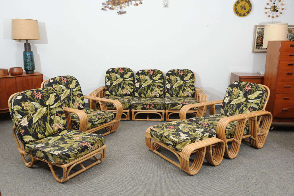 Vintage Rattan 4 pc sofa, 2 Chairs, and ottoman 6