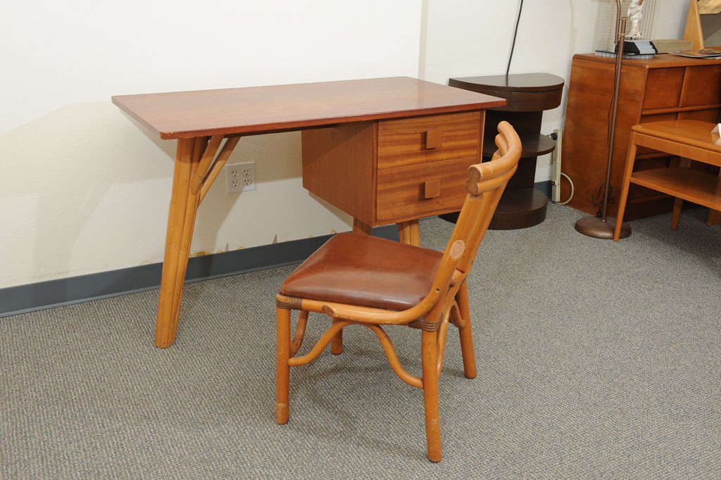 Vintage Rattan desk and chair Mahogany and Rattan construction. Finished on all sides.