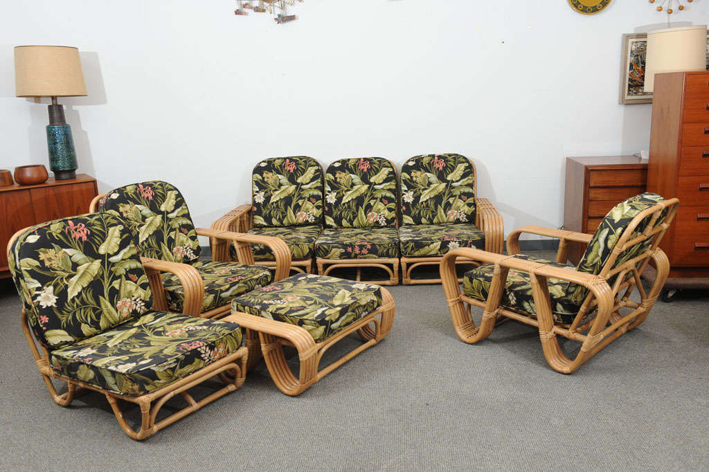 Vintage Rattan 4 pc sofa, 2 Chairs, and ottoman at 1stDibs