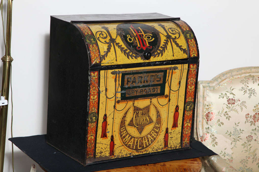 Charming late 19th century tole coffe bin with original paint.