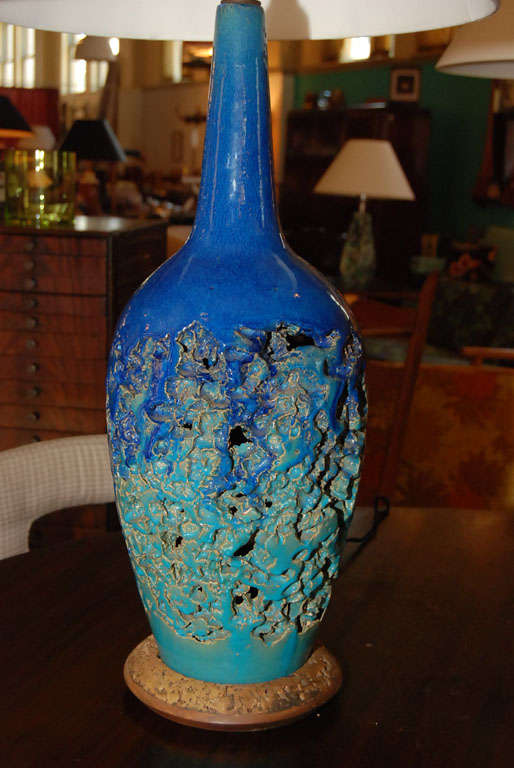 Mid-20th Century Aqua Glazed Pottery Lamp For Sale