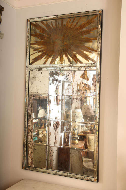 Contemporary Large Panelled Wall Mirror with Églomisé Sunburst Pediment