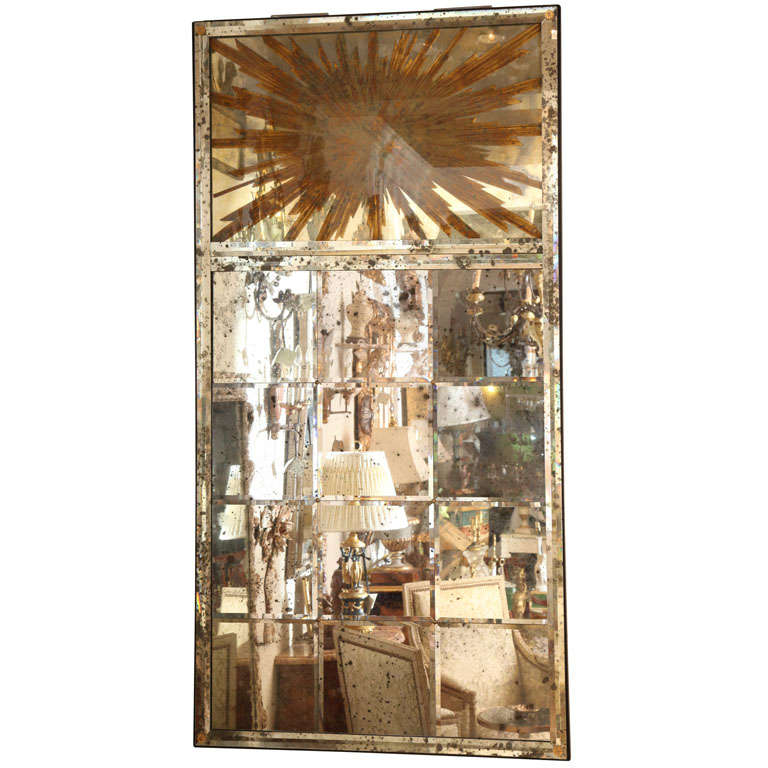 Large Panelled Wall Mirror with Églomisé Sunburst Pediment