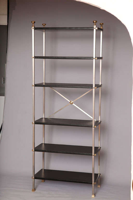 Pair of Polished Steel and Brass Classical Etageres
