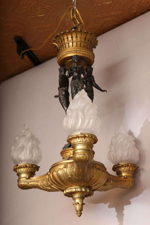 French Fine 19c. Bronze Empire Chandelier with Figural Pan Standard