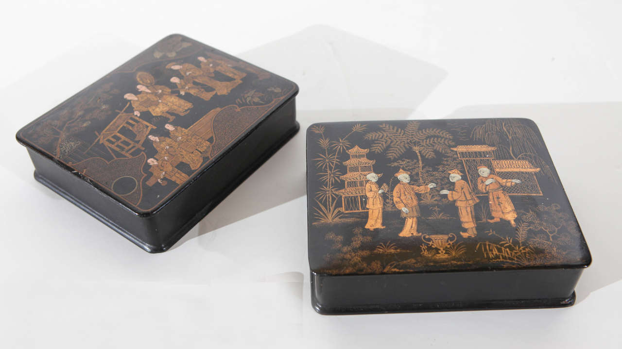 Pair of intricately hand-painted, lacquered, parcel-gilt, occasional boxes.