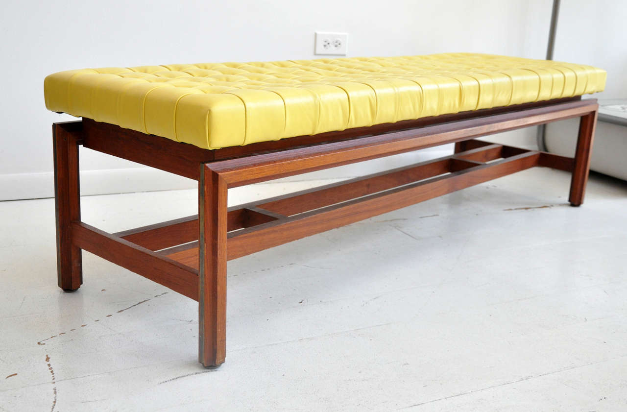 Vintage Tufted Yellow Leather Bench at 1stDibs