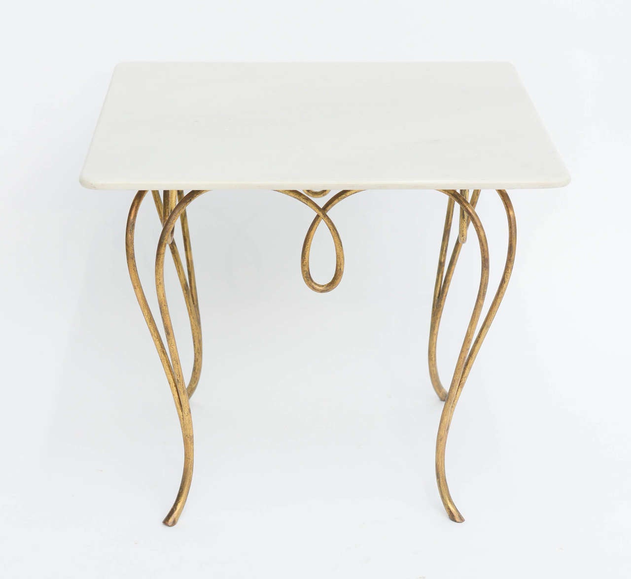 Table italienne en fer doré à plateau de marbre Mingazzi des années 1950