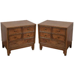 Pair of Mid-Century Burled Side Tables with Brass Pulls