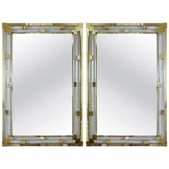 Pair of Italian Art Deco Style Mirrors in Molded Glass and Polished Brass 5