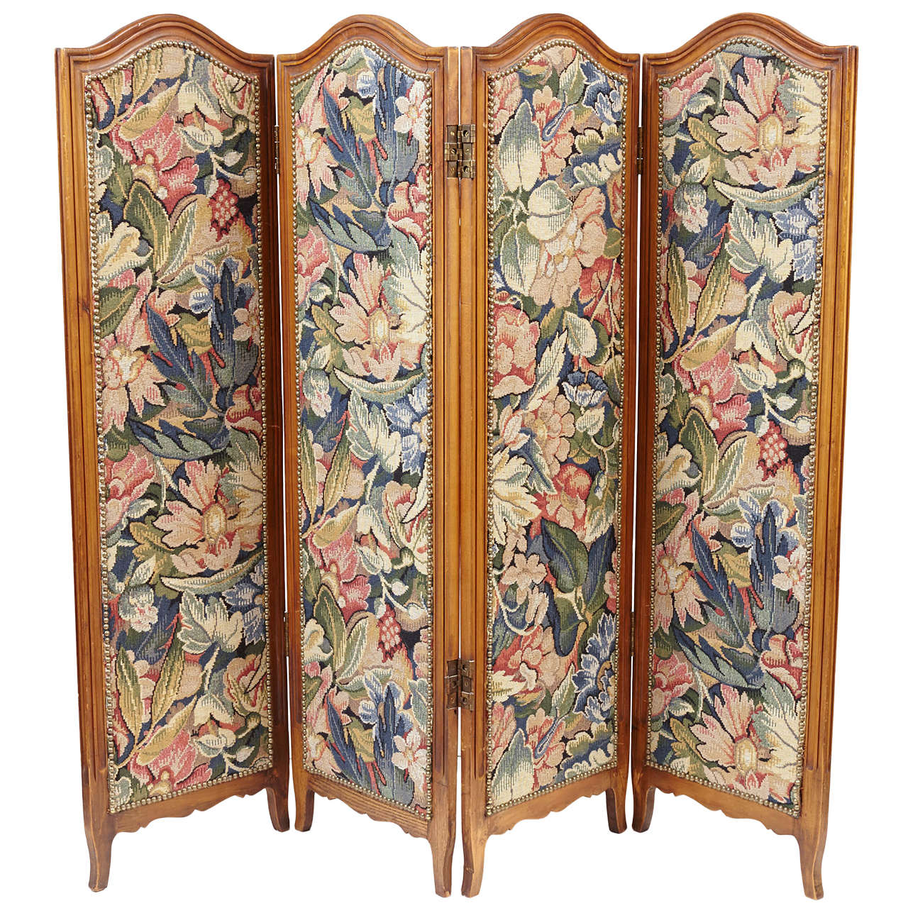 Small French Folding Screen With Floral Tapestry For Sale