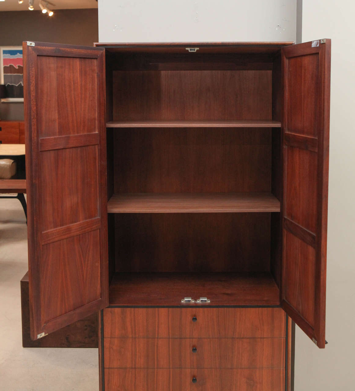 Tall Walnut and Cane Cabinet with Drawers at Bottom In Excellent Condition In Los Angeles, CA