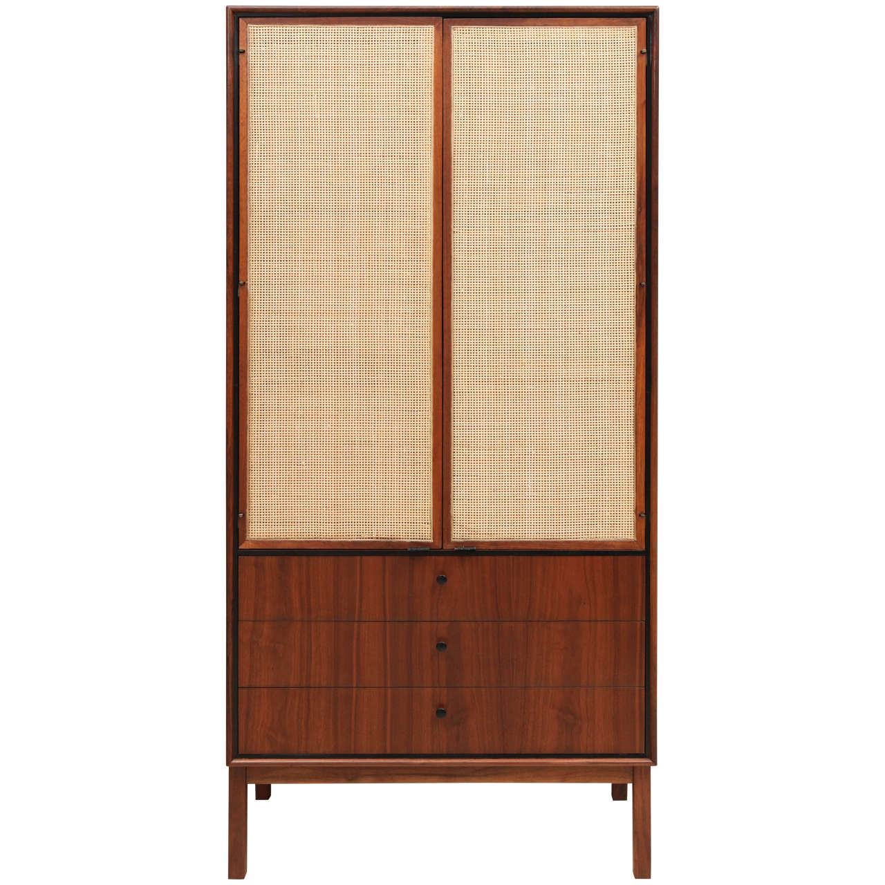 Tall Walnut and Cane Cabinet with Drawers at Bottom