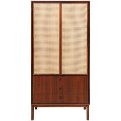 Tall Walnut and Cane Cabinet with Drawers at Bottom