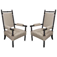 Pair of 19th Century Ebonized Bobbin Chairs with Arms