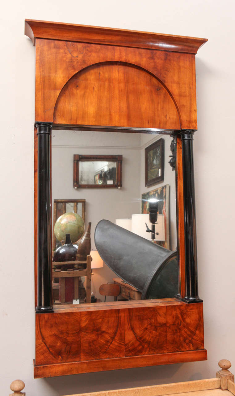19th Century Biedermeier Style Mirror in Walnut Flanked with Ebonized Columns