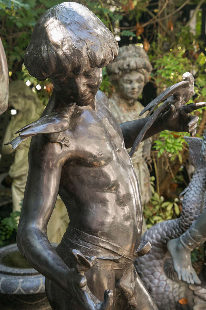 Bronze of a Standing Nude Youth with Birds In Excellent Condition In Woodbury, CT