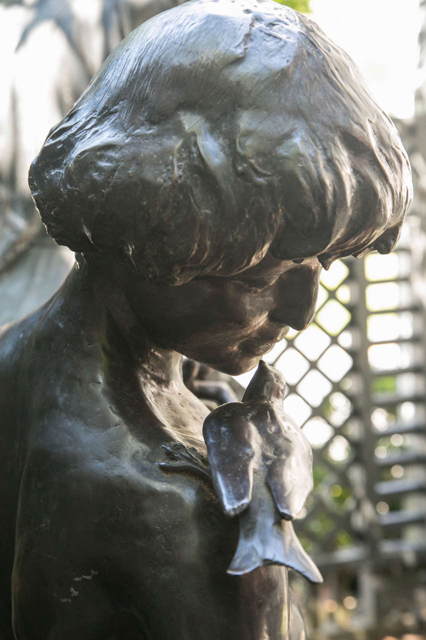 Mid-20th Century Bronze of a Standing Nude Youth with Birds