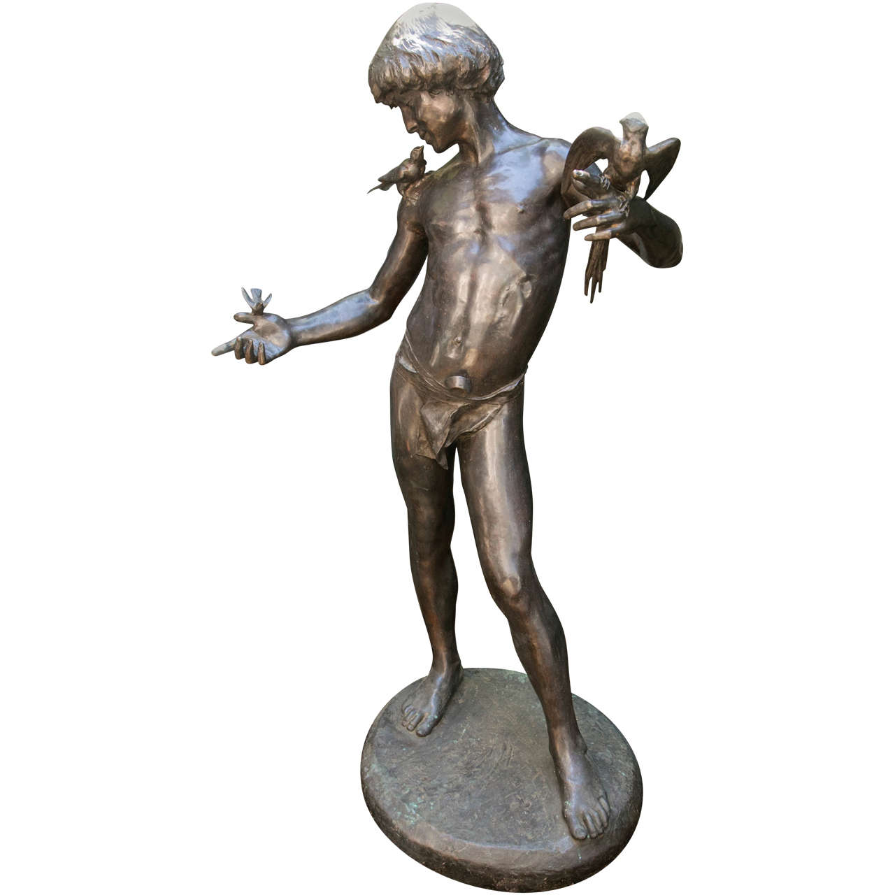 Bronze of a Standing Nude Youth with Birds