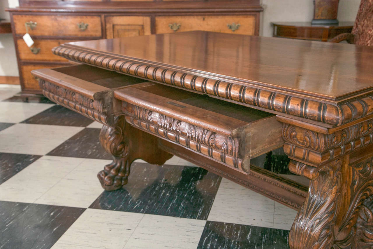 One-of-a-Kind Austro-Hungarian Carved Walnut Library / Writing Table In Excellent Condition In Woodbury, CT