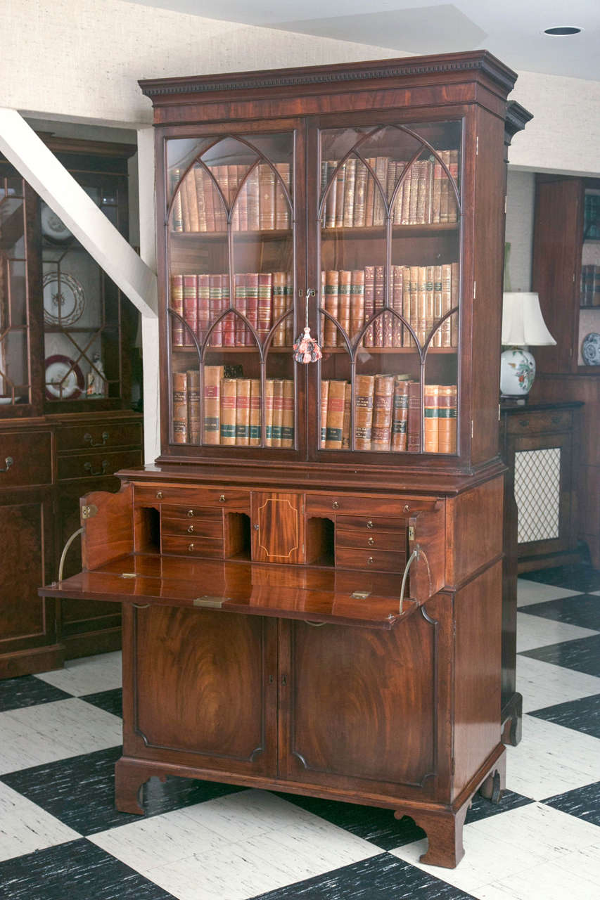 Georgian English Mahogany Secretary Glazed Bookcase