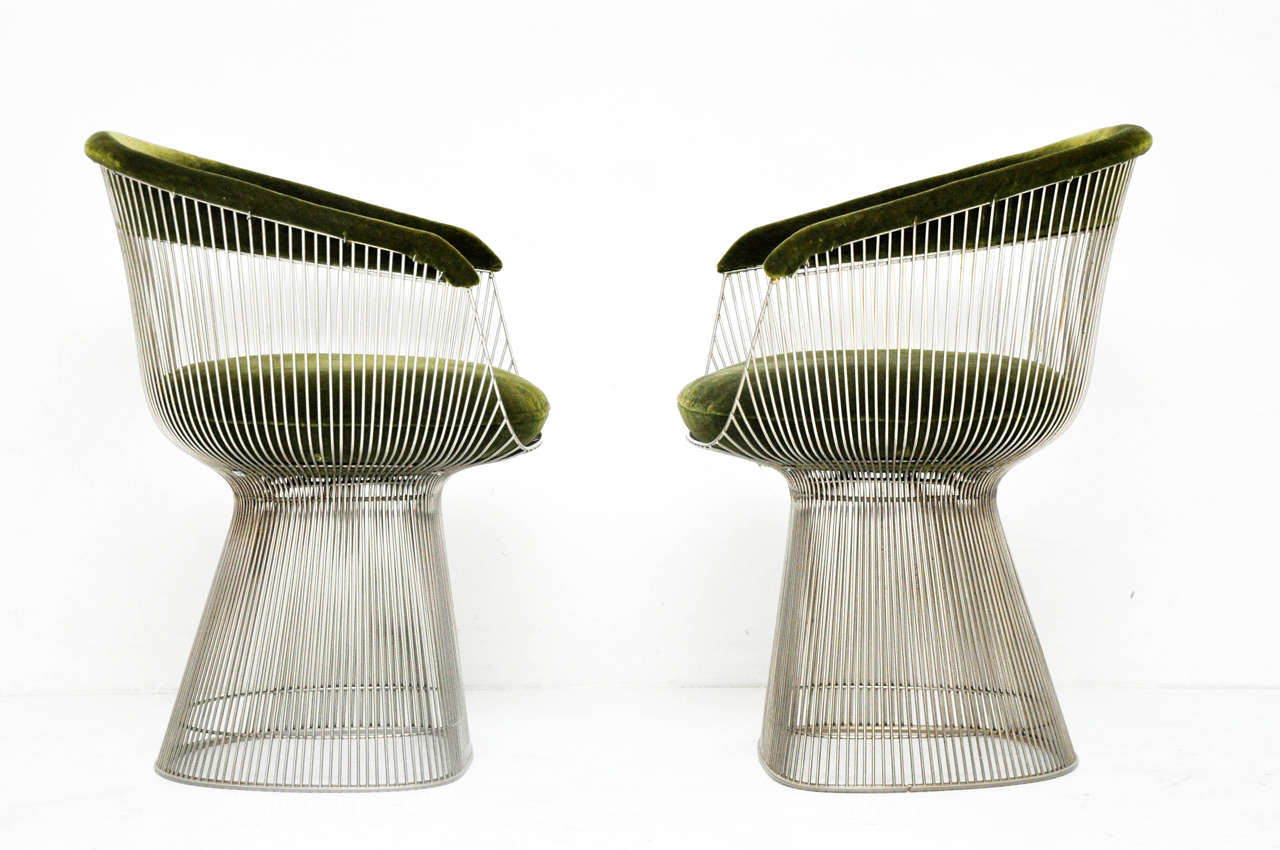 Pair of nickel frame side chairs in original green mohair.  Designed by Warren Platner for Knoll.