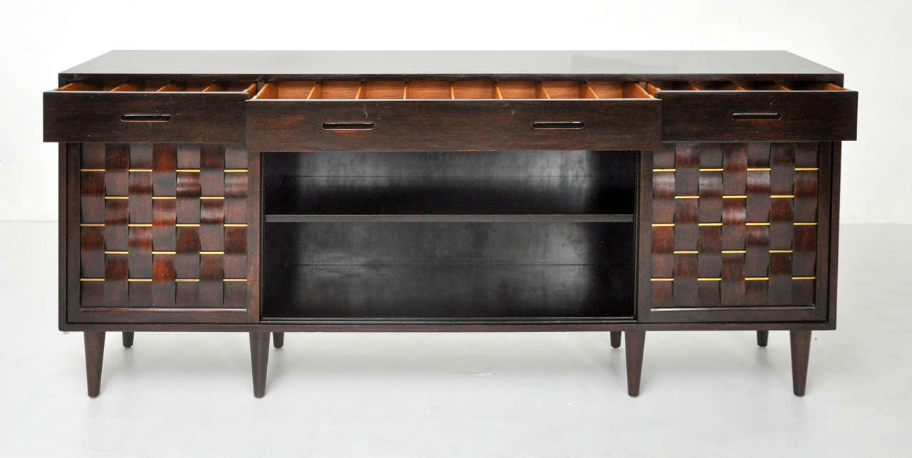 Mahogany Dunbar Woven Front Credenza by Edward Wormley