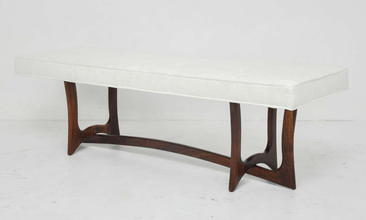 Sculptural walnut frame bench by Adrian Pearsall. Fully restored. Refinished base. Newly upholstered.