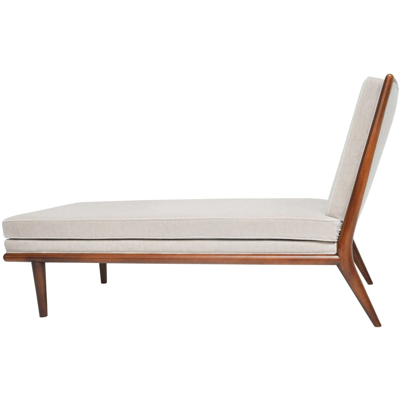 Elegant chaise longue by TH Robsjohn-Gibbings. Fully restored. Refinished frame. Reupholstered in plush velvet upholstery.