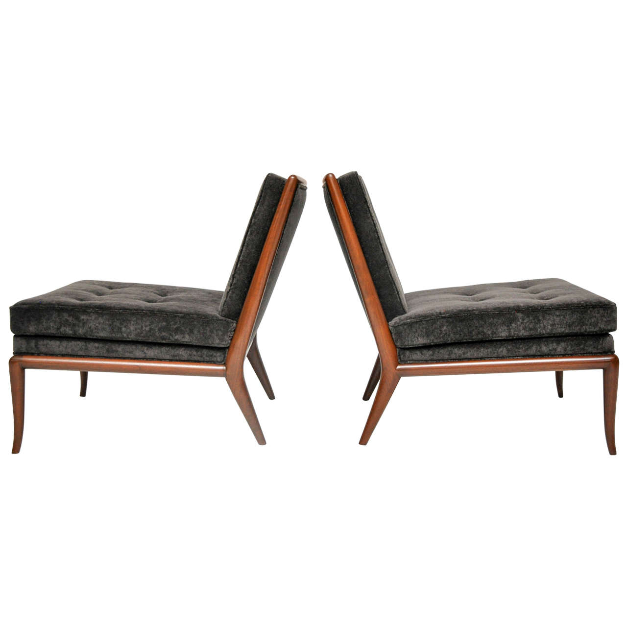 Pair of slipper chairs by T.H. Robsjohn-Gibbings. Fully restored. Refinished frames. Newly upholstered in plush charcoal velvet.