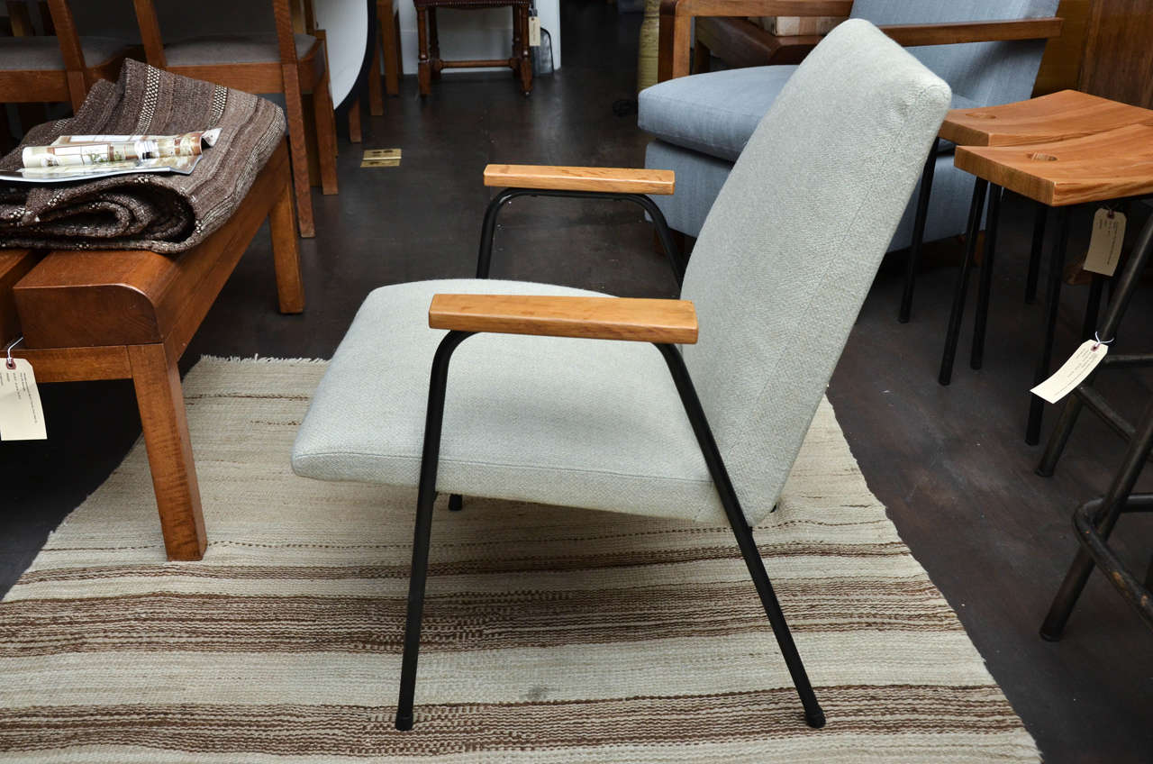 French Mid-Century Upholstered Metal Armchair in the Manner of Prouve, France, c. 1950s For Sale