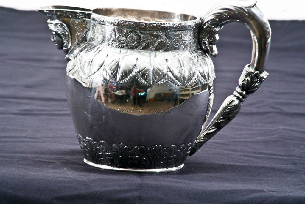 American Early 19th C.  S. Kirk Sterling Silver Pitcher with Mask Spout