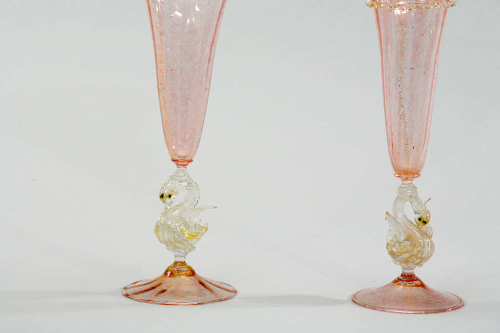 Pair of Salviati Venetian Hand Blown Vases-Swan Connectors For Sale 3