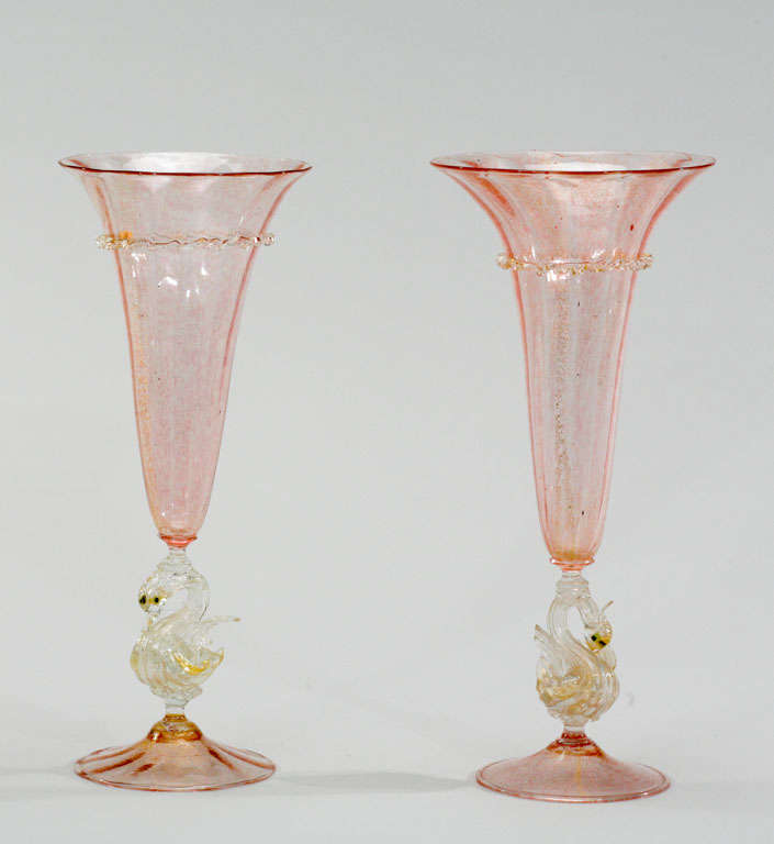 Pair of Salviati Venetian Hand Blown Vases-Swan Connectors 4