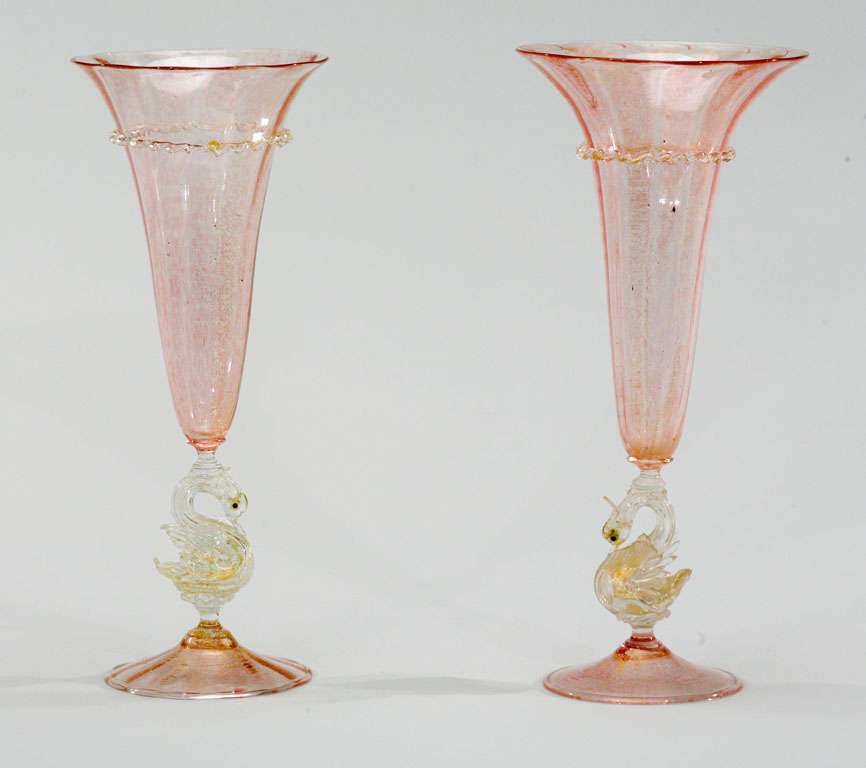 Pair of Salviati Venetian Hand Blown Vases-Swan Connectors For Sale 5
