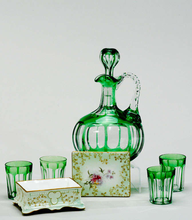 20th Century Baccarat Green Overlay Cut to Clear Cordial Set+Doulton Box