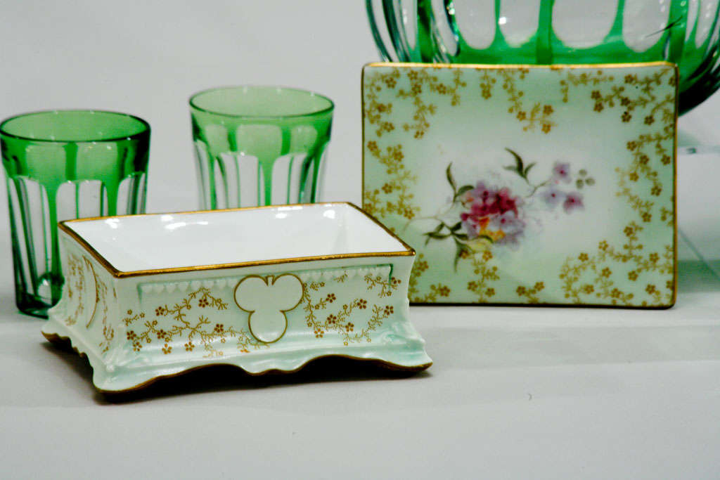 Crystal Baccarat Green Overlay Cut to Clear Cordial Set+Doulton Box