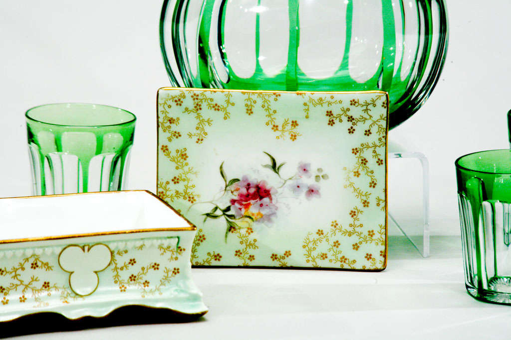 Baccarat Green Overlay Cut to Clear Cordial Set+Doulton Box 1