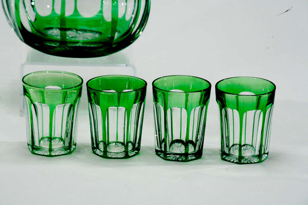 Baccarat Green Overlay Cut to Clear Cordial Set+Doulton Box 3
