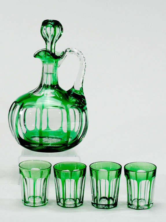 Baccarat Green Overlay Cut to Clear Cordial Set+Doulton Box 4