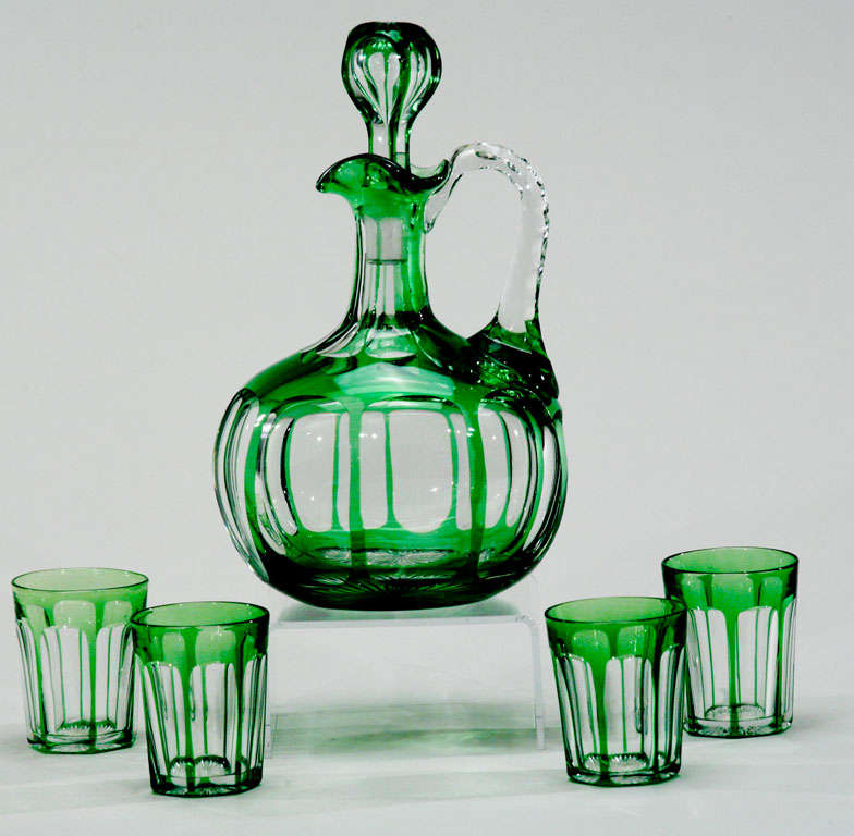 Baccarat Green Overlay Cut to Clear Cordial Set+Doulton Box 5