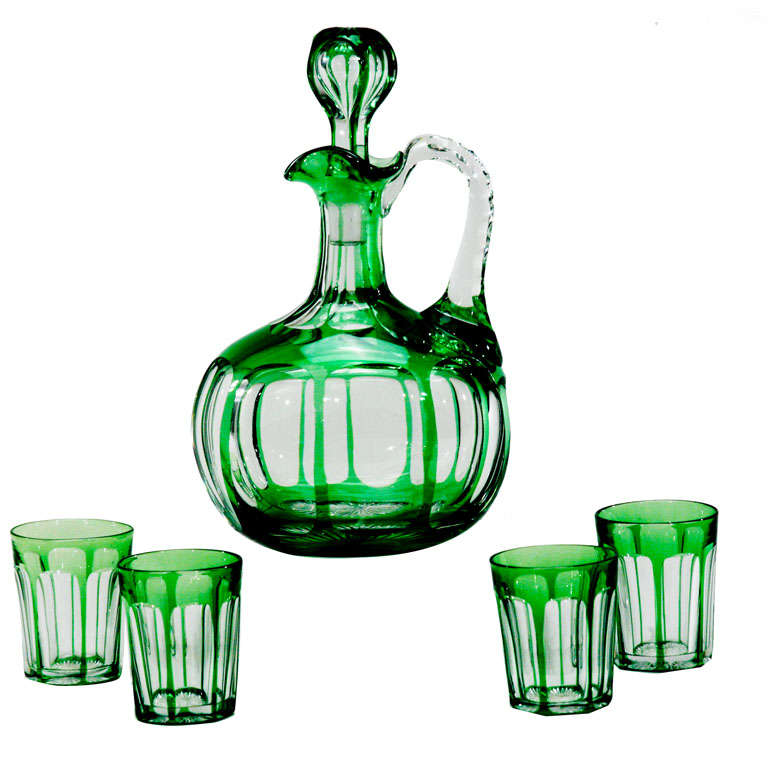 Baccarat Green Overlay Cut to Clear Cordial Set+Doulton Box
