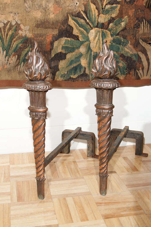 Pair Bronze Torch Form Andirons