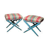Pair Faux Bamboo Upholstered Stools