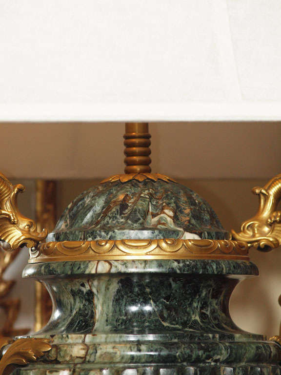 Bronze Pair of Antique French Empire Green Marble Cassoulets Mounted as Lamps 